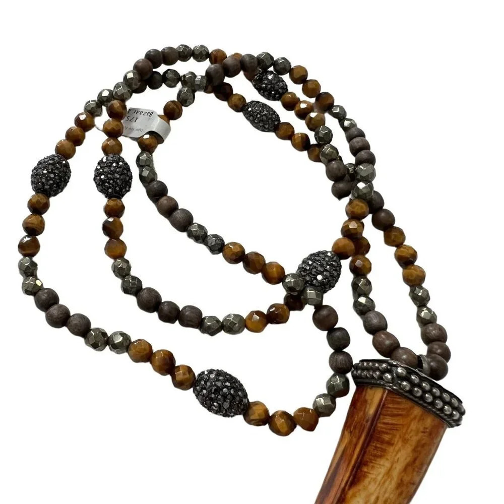 Tiger Eye Pyrite Wood Crystal Horn Pendant Necklace - Picture 6 of 6